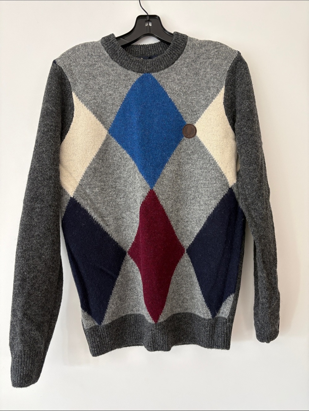 Fred Perry Charcoal Argyle Crewneck Sweater with Blue and Burgundy Diamonds